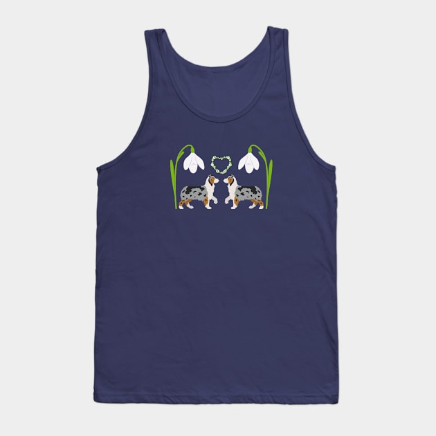 Blue Merle Australian Shepherd Dog with Spring Heart and Narcissus White Flower Tank Top by Seasonal Dogs